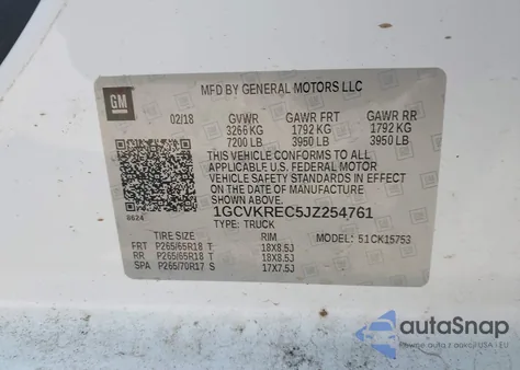 2018 Chevrolet Silverado 1500 2Lt z USA, uszkodzony, nr VIN 1GCVKREC5JZ254761